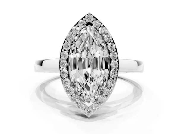 Marquise Cut Halo Diamond Ring with Solitaire Band and Prong Setting Platinum