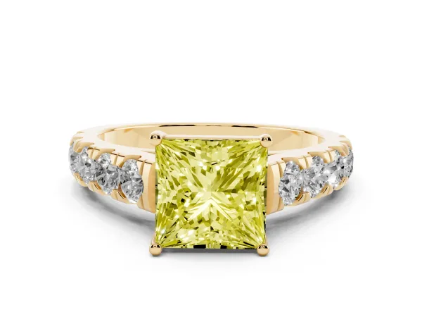 Fancy Yellow Princess Cut Cut Diamond Solitaire Ring with Micro Pave Band and Prong Setting Yellow gold