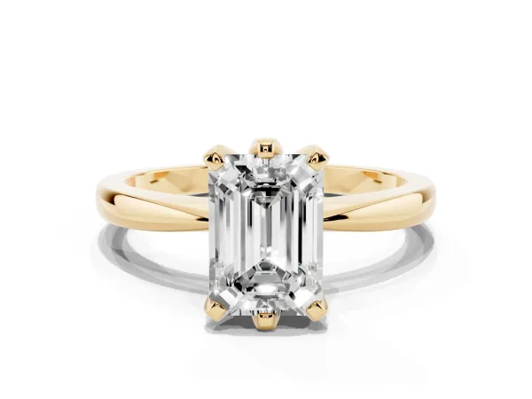 Emerald Cut Solitaire Engagement Ring with Six-Prong Setting and Tapered Band Yellow gold