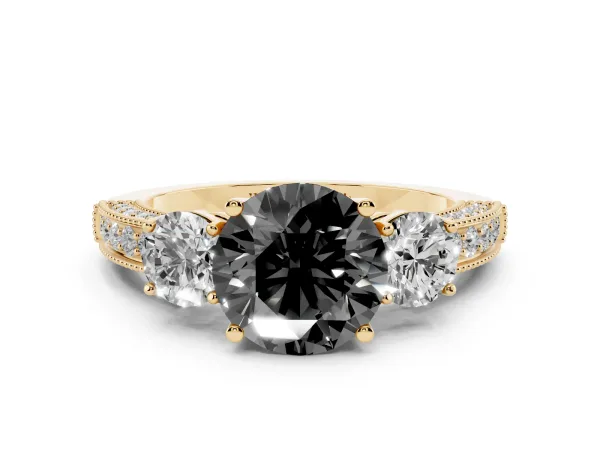 Fancy Black Round Cut Three-Stone Diamond Ring with Pavé Band and Four-Prong Setting Yellow gold