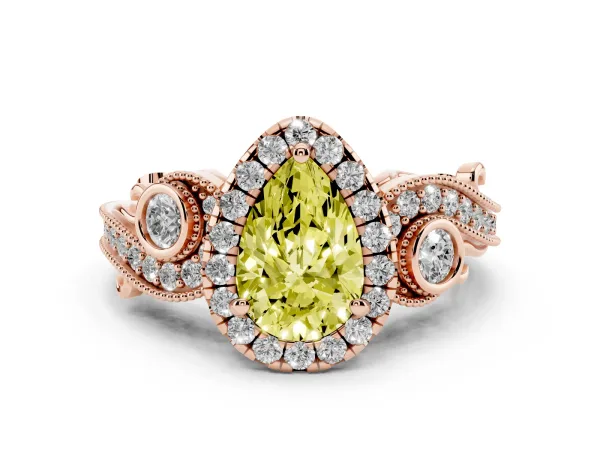 Fancy Yellow Pear Cut Diamond Halo Ring with Milgrain Pavé Band and Four-Prong Setting Rose gold