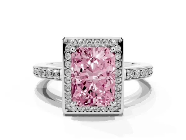 Fancy Pink Radiant Cut Halo Pave Band Solitaire Ring with Prong Setting White gold