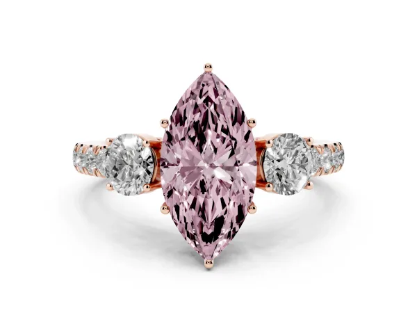 Fancy Pink Marquise Cut Cut Diamond Three-Stone Ring with Round Side Stones and Pavé Band Rose gold