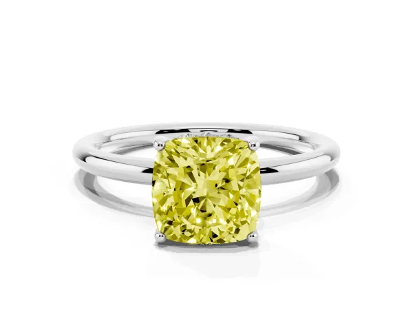 Fancy Yellow Cushion Cut Solitaire Diamond Ring with a Classic Band and Four-Prong Setting Platinum
