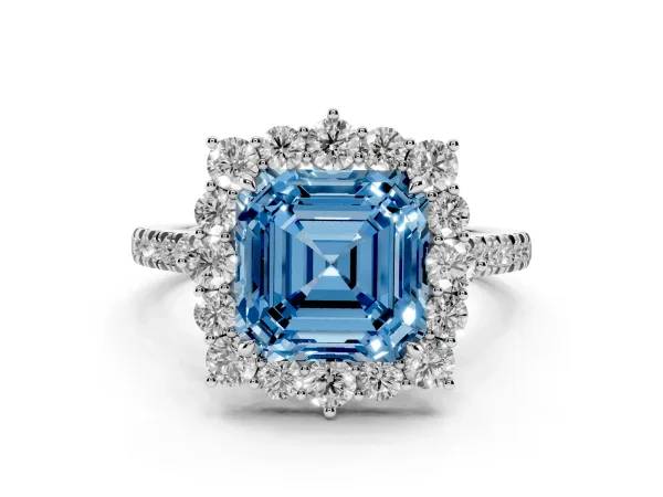 Fancy Blue Asscher Cut Halo Diamond Ring with Pavé Band and Prong Setting White gold