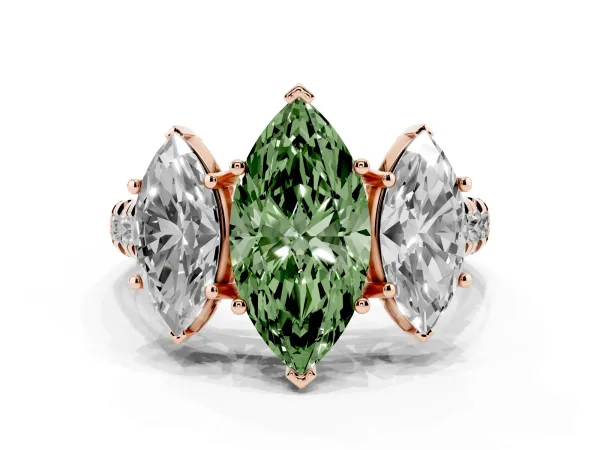 Fancy Green Three-Stone Marquise Cut Diamond Pavé Band with Prong Setting Rose gold