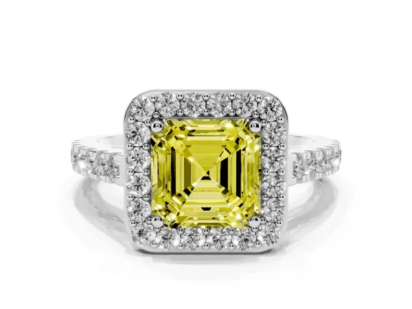 Fancy Yellow Asscher Cut Diamond Halo Ring with Round Pavé Split Shank and Prong Setting White gold