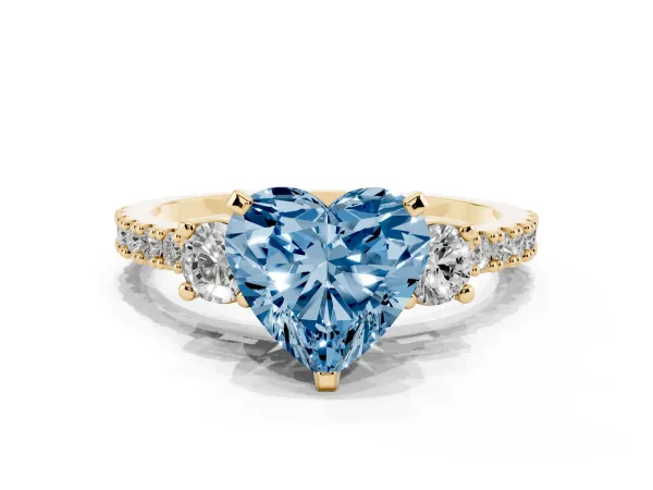 Fancy Blue Heart Cut Three-Stone Diamond Pavé Band with Prong Setting Yellow gold