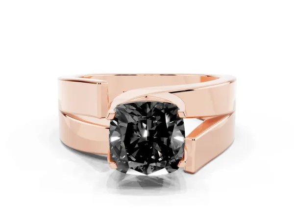Fancy Black Modern Tension Set Cushion Cut Diamond Solitaire Wide Band Ring Rose gold