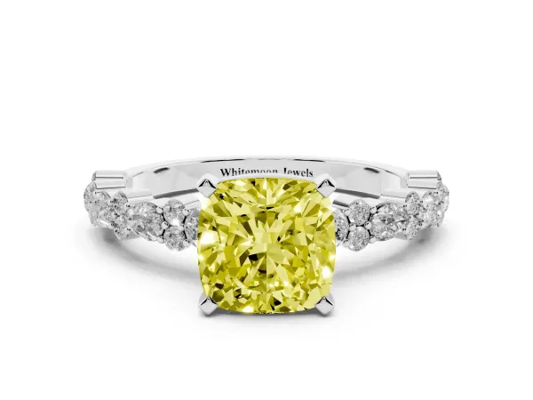 Fancy Yellow Cushion Cut Diamond Side Stone Solitaire Ring with Round and Four-Prong Setting Platinum