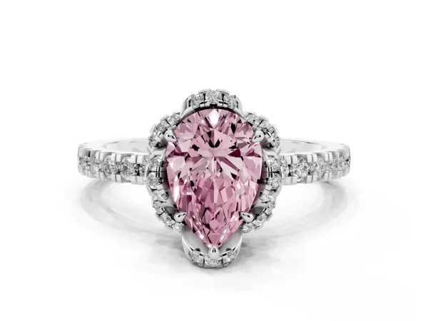 Fancy Pink Pear Cut Halo Diamond Pave Band Ring with Four-Prong Setting White gold