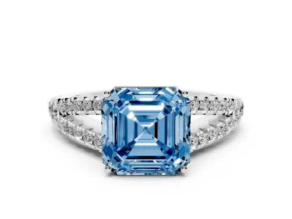 Fancy Blue Asscher Cut Diamond Split Shank Pavé Engagement Ring with Four-Prong Setting Platinum