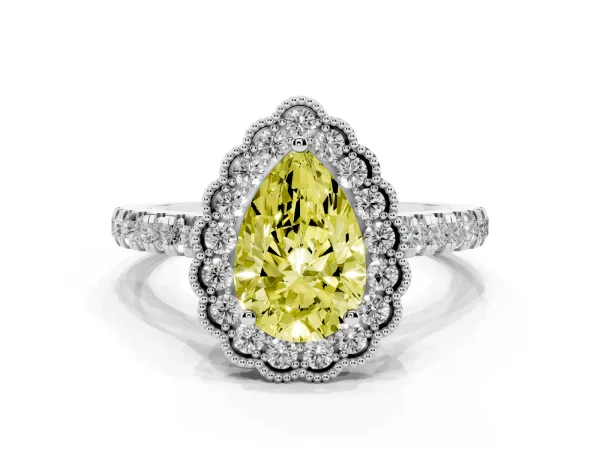 Fancy Yellow Pear Cut Cut Diamond Milgrain Floral Halo Engagement Ring with Pavé Band White gold
