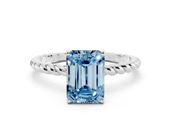 Fancy Blue Emerald Cut Solitaire Twist Band Ring with Four-Prong Setting Platinum
