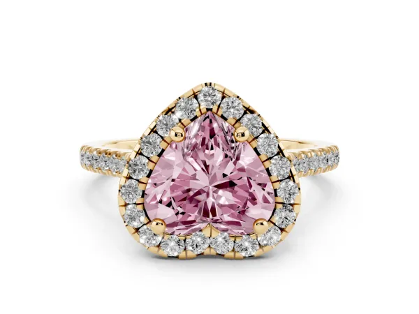 Fancy Pink Heart Cut Diamond Cushion Halo Ring with Pavé Band Yellow gold