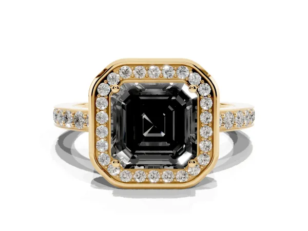 Fancy Black Asscher Cut Diamond Halo Ring with Bezel Frame and Pavé Band Yellow gold