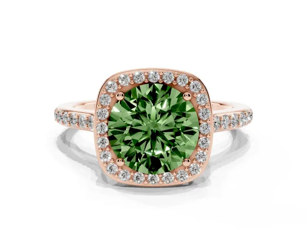 Fancy Green Round Cut Diamond Halo Engagement Ring with Round Pavé Shoulders and Prong Setting Rose gold