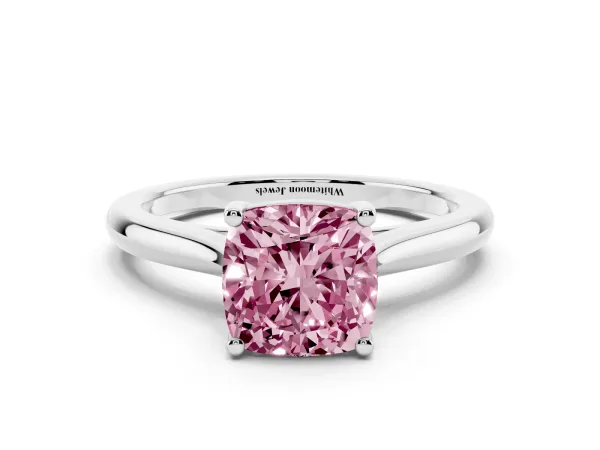 Fancy Pink Cushion Cut Cut Solitaire Ring with Cathedral Band and Four-Prong Setting Platinum