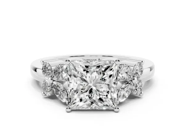 Princess Cut Diamond Floral Cluster Ring with Solitaire Band and Prong Setting White gold