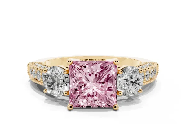 Fancy Pink Princess Cut Three-Stone Diamond Ring with Pavé Band and Four-Prong Setting Yellow gold