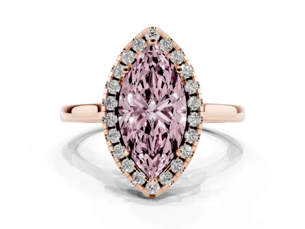 Fancy Pink Marquise Cut Halo Round Diamond Solitaire Ring with Pavé Band and Four-Prong Setting Rose gold
