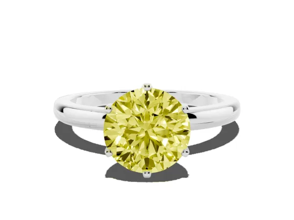Fancy Yellow Round Cut Solitaire Diamond Ring with Six-Prong Setting on a Classic Band White gold