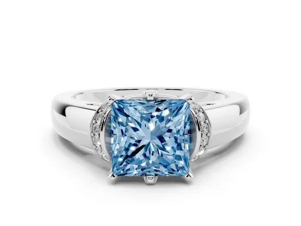 Fancy Blue Princess Cut Solitaire Diamond Ring with Pave Band and Six-Prong Setting Platinum