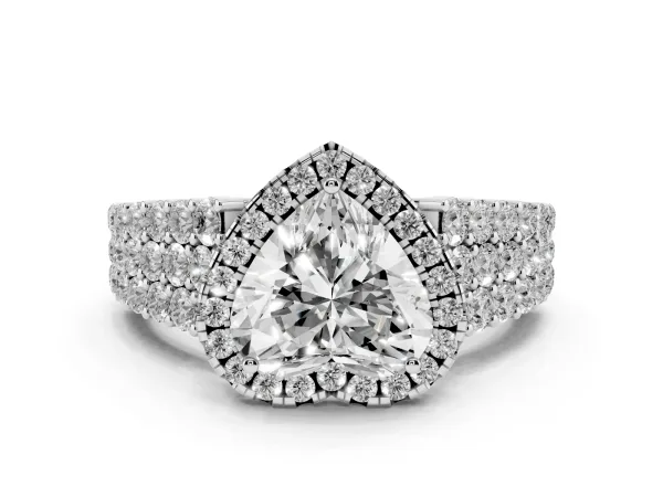 Heart Cut Diamond Halo Engagement Ring with Triple Row Round Pavé Band and Prong Setting White gold