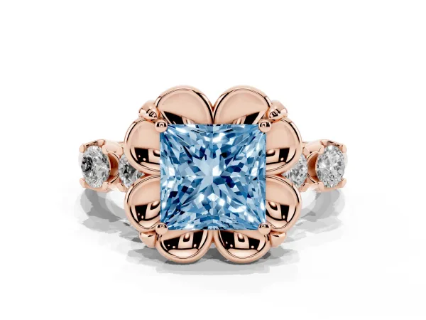 Fancy Blue Princess Cut Cut Diamond Floral Halo Engagement Ring with Shared Prong Setting Rose gold