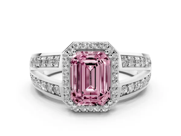 Fancy Pink Emerald Cut Diamond Halo Ring with Split Shank Pavé Band and Four-Prong Setting Platinum