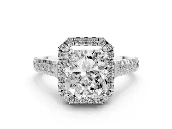 Radiant Cut Halo Pavé Diamond Engagement Ring with Four-Prong Setting Platinum