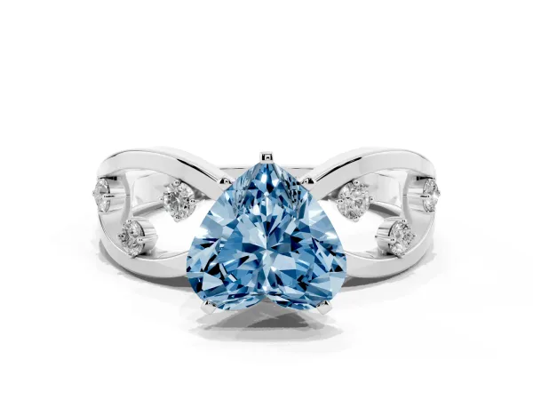 Fancy Blue Heart Cut Cut Solitaire Diamond with Side Stones on Criss-Cross Band and Four-Prong Setting White gold