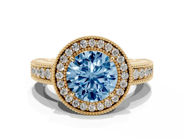 Fancy Blue Round Cut Cut Halo Diamond Ring with Pavé Band and Four-Prong Setting Yellow gold