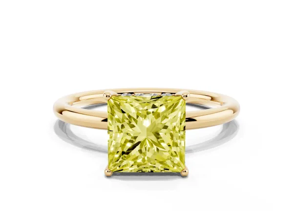 Fancy Yellow Princess Cut Solitaire Diamond Ring with a Classic Band and Four-Prong Setting Yellow gold