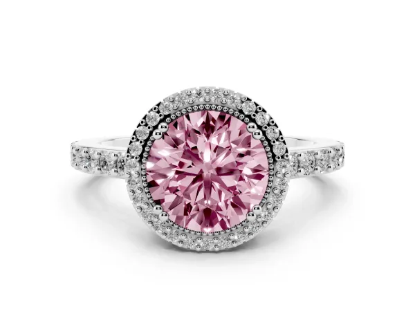 Fancy Pink Round Cut Cut Diamond Halo Engagement Ring with Milgrain Detail and Pavé Band White gold