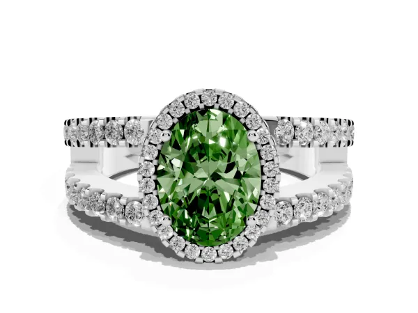 Fancy Green Oval Cut Cut Halo Split Shank Diamond Ring with Four-Prong Setting White gold