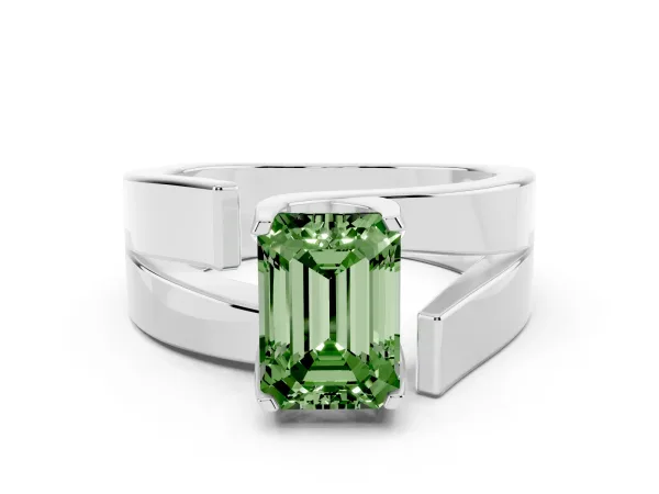 Fancy Green Modern Tension Set Emerald Cut Diamond Solitaire Wide Band Ring White gold