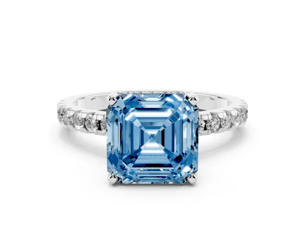 Fancy Blue Asscher Cut Diamond Solitaire Ring with Round Pavé Band and Four-Prong Setting White gold