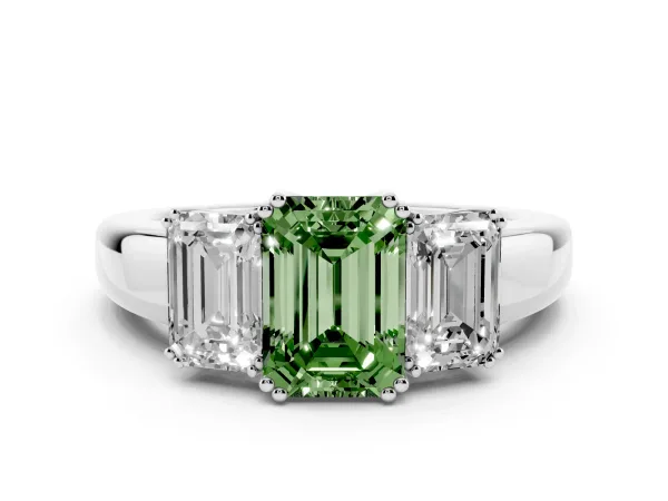 Fancy Green Three-Stone Emerald Cut Cut Diamond Ring with Channel Set Band and Four-Prong Setting Platinum