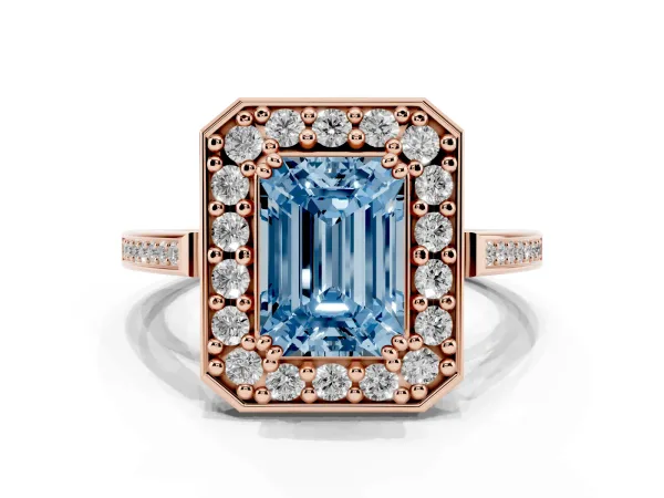 Fancy Blue Emerald Cut Diamond Halo Ring with Split Shank and Four-Prong Setting Rose gold