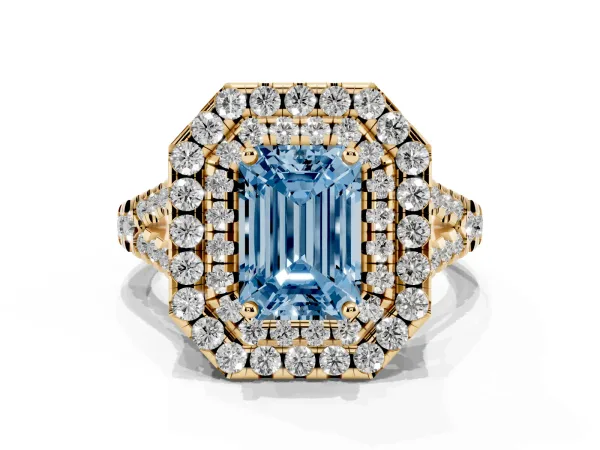 Fancy Blue Double Halo Emerald Cut Diamond Pavé Split Shank Ring with Prong Setting Yellow gold