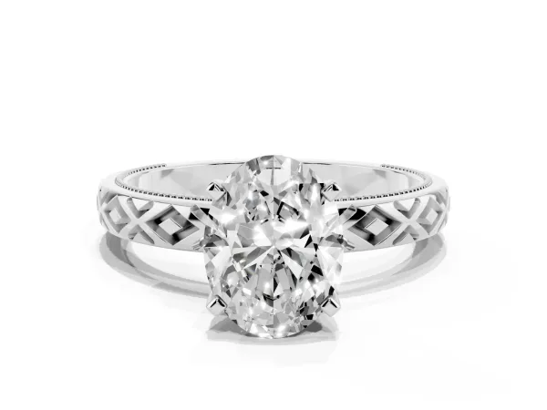 Oval Cut Solitaire Diamond Ring with Milgrain and Black Enamel X Pattern Band White gold