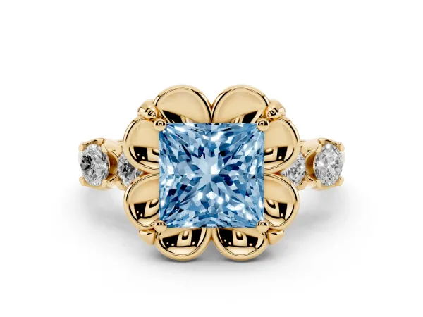 Fancy Blue Princess Cut Cut Diamond Floral Halo Engagement Ring with Shared Prong Setting Yellow gold