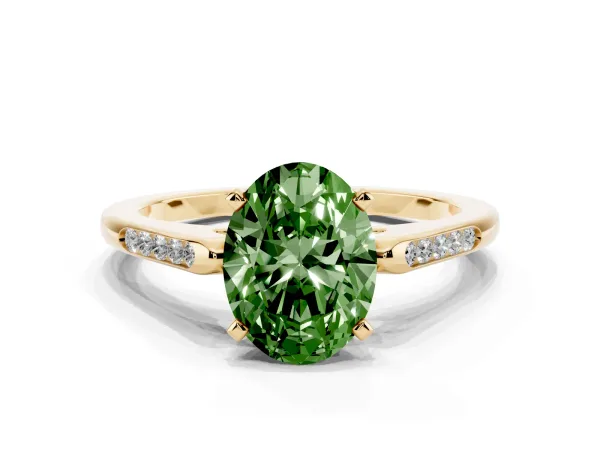 Fancy Green Oval Cut Diamond Solitaire Ring with Channel Set Round Band and Prong Setting Yellow gold