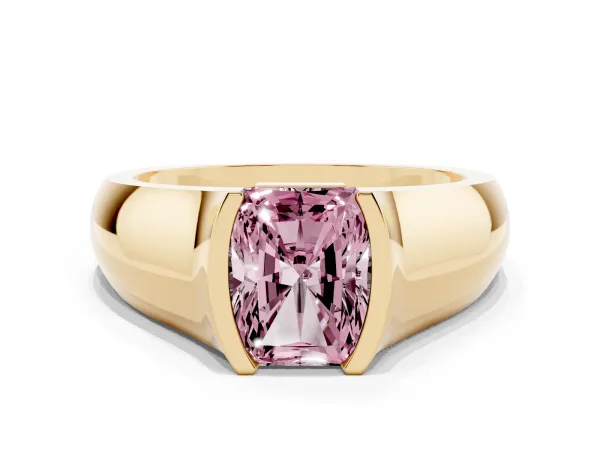 Fancy Pink Radiant Cut Solitaire Bezel Set Diamond Ring with Wide Band Yellow gold
