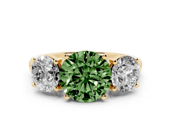 Fancy Green Three-Stone Round Cut Diamond Ring with Round Pavé Band and Prong Setting Yellow gold