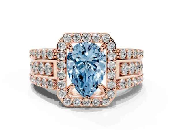 Fancy Blue Pear Cut Halo Diamond Ring with Round Split Shank and Prong Setting Rose gold