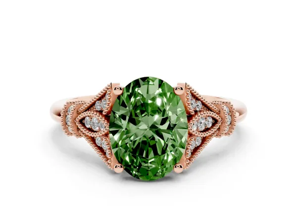 Fancy Green Oval Cut Diamond Solitaire Ring with Floral Filigree and Pave Accents Rose gold