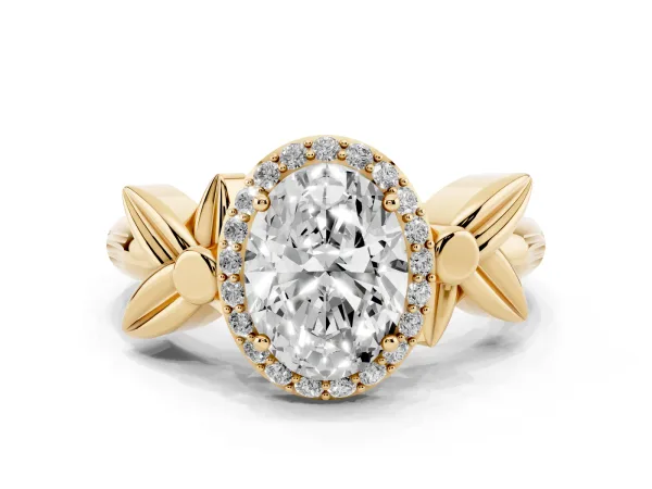 Oval Cut Halo Diamond Floral Band with Four-Prong Setting Yellow gold