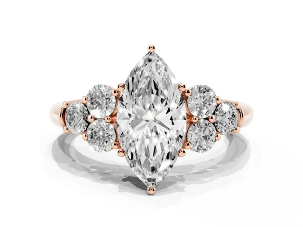Marquise Cut Cut Diamond Cluster Ring with Round Accent Stones and Prong Setting on a Classic Band Rose gold